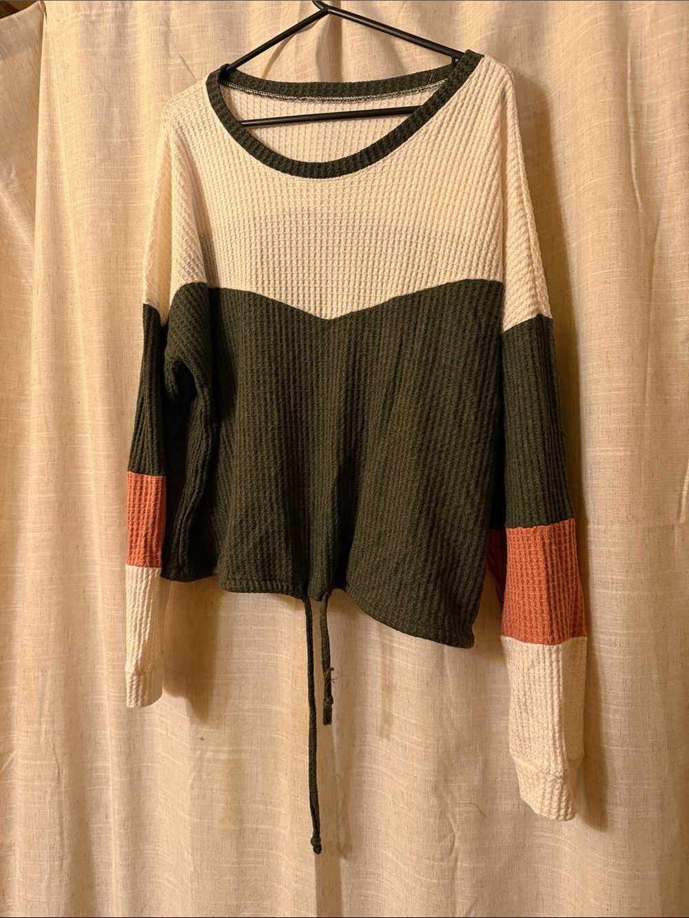 Waffle-Knit Colorblock Long Sleeve Top - Olive, Cream & Rust